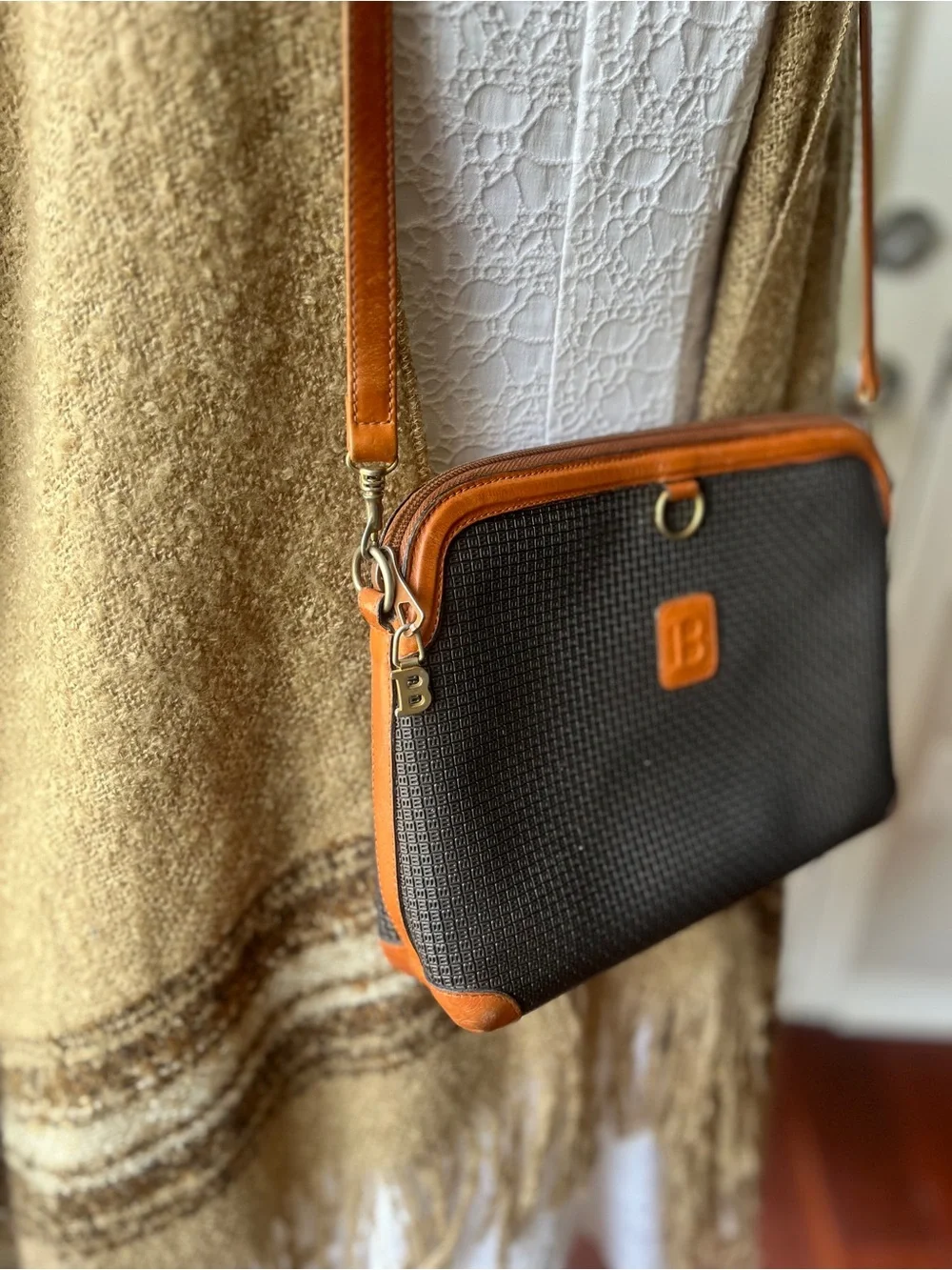 Bally Vintage Black & Brown Monogram Coated Canvas Embossed “B” Crossbody Made